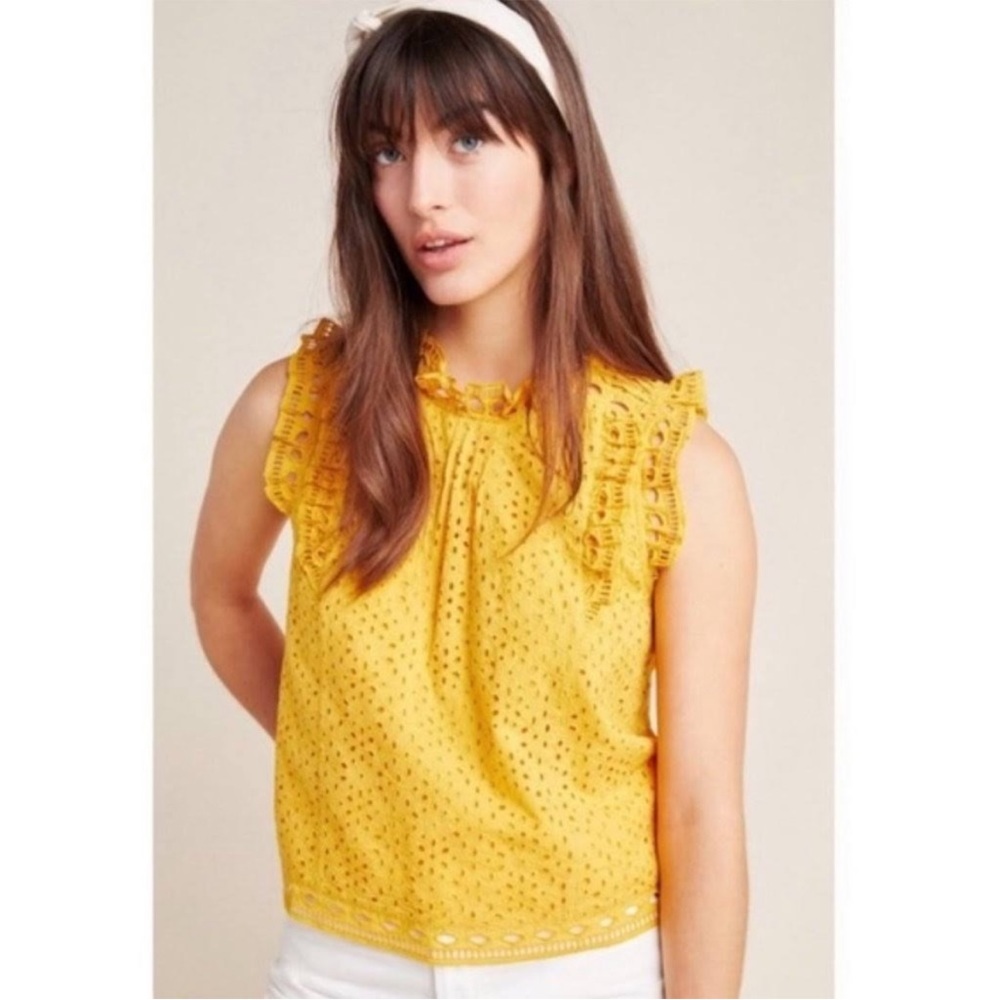 Anthropology Yellow Eyelet Ruffle Sleeve Top